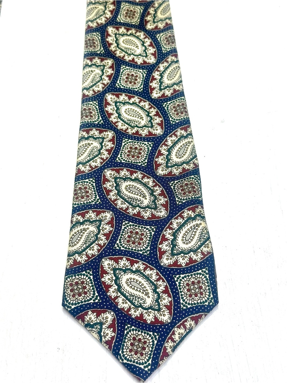 Vtg 90’s Oscar de la Renta Couture Paisley Medallion Silk Necktie Blue Burgundy - Picture 4 of 8